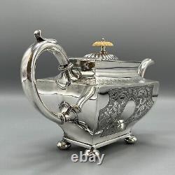 Antique Silver Plate Teapot Victorian Oblong Bright Cut Bun Feet English Quality