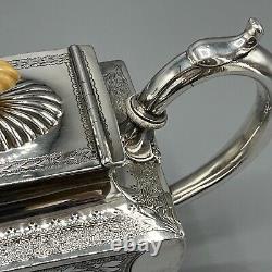 Antique Silver Plate Teapot Victorian Oblong Bright Cut Bun Feet English Quality