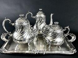 Antique Silver Plated French Christofle Coffee Tea Set Tray Teapot Louis 19th