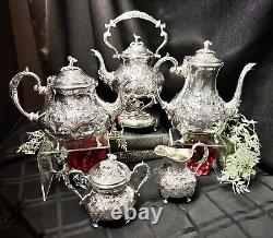 Antique Silver Plated Turton Tea Set Hand Chased Tilting Tea Pot 19th Century