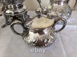 Antique Silver Quadruple Plate 5 PIECES TEA SET SAMOVAR Meriden Hand Chased 8 lb