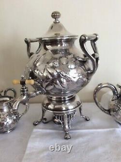 Antique Silver Quadruple Plate 5 PIECES TEA SET SAMOVAR Meriden Hand Chased 8 lb