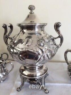 Antique Silver Quadruple Plate 5 PIECES TEA SET SAMOVAR Meriden Hand Chased 8 lb