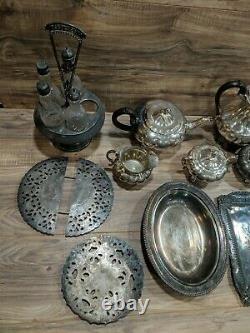 Antique Silver Quadruple Plate LOT Tea Serving Trays Mixed Set Anchor Melon, IFS