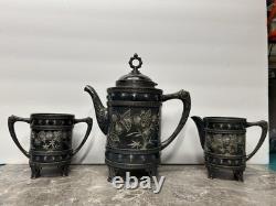 Antique Silver Teapot Cream & Sugar Aurora B. C. Barbour Quadruple Plate 1869