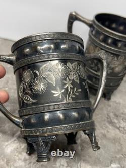 Antique Silver Teapot Cream & Sugar Aurora B. C. Barbour Quadruple Plate 1869