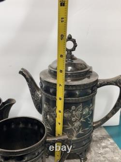 Antique Silver Teapot Cream & Sugar Aurora B. C. Barbour Quadruple Plate 1869