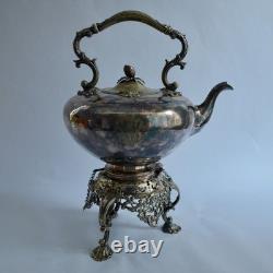 Antique Silver Tilting Tea Kettle with Warmer and Stand