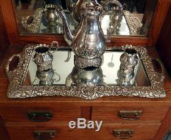 Antique Silver on Hammered Copper Repousse Tea Set With Matching Plateau Tray