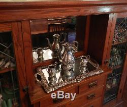 Antique Silver on Hammered Copper Repousse Tea Set With Matching Plateau Tray