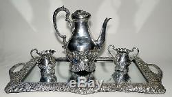 Antique Silver on Hammered Copper Repousse Tea Set With Matching Plateau Tray