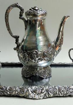 Antique Silver on Hammered Copper Repousse Tea Set With Matching Plateau Tray