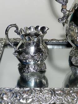 Antique Silver on Hammered Copper Repousse Tea Set With Matching Plateau Tray