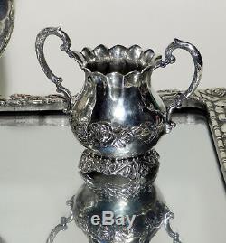 Antique Silver on Hammered Copper Repousse Tea Set With Matching Plateau Tray