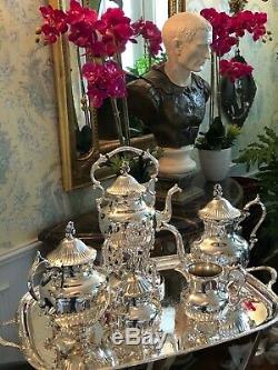 Antique Silver-plate Coffee&Tea Set with 2-piece Water/tea Urn, Tray&Stand Hallmark