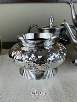 Antique Silverplate 5 Piece Tea Set Repousse Rose Pattern Shabby Chic