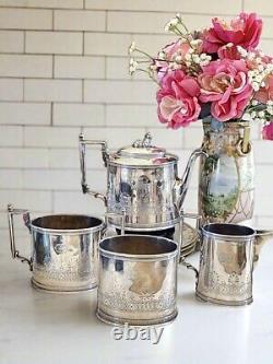 Antique Silverplate GOAT Greek Key 4 Pcs Tea Set Reed & Barton Monogram RARE