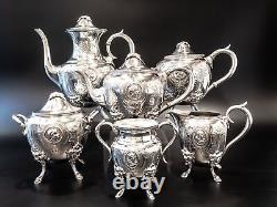 Antique Silverplate Tea Set Medallion Portrait Coffee Service 1800s