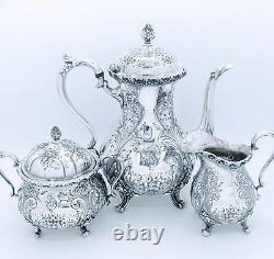 Antique St. James Repousse Hand Chased 3 Piece Tea Set Coffee Pot Creamer Sugar