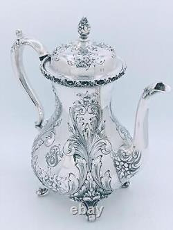 Antique St. James Repousse Hand Chased 3 Piece Tea Set Coffee Pot Creamer Sugar
