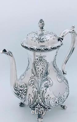 Antique St. James Repousse Hand Chased 3 Piece Tea Set Coffee Pot Creamer Sugar