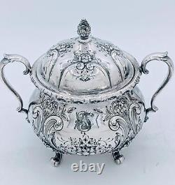 Antique St. James Repousse Hand Chased 3 Piece Tea Set Coffee Pot Creamer Sugar