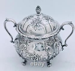 Antique St. James Repousse Hand Chased 3 Piece Tea Set Coffee Pot Creamer Sugar