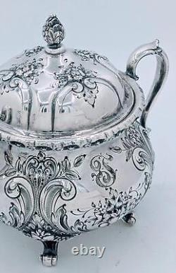 Antique St. James Repousse Hand Chased 3 Piece Tea Set Coffee Pot Creamer Sugar