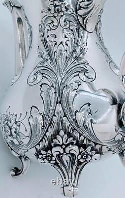 Antique St. James Repousse Hand Chased 3 Piece Tea Set Coffee Pot Creamer Sugar