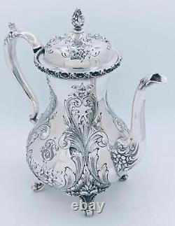 Antique St. James Repousse Hand Chased 3 Piece Tea Set Coffee Pot Creamer Sugar