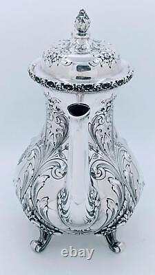 Antique St. James Repousse Hand Chased 3 Piece Tea Set Coffee Pot Creamer Sugar