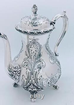 Antique St. James Repousse Hand Chased 3 Piece Tea Set Coffee Pot Creamer Sugar