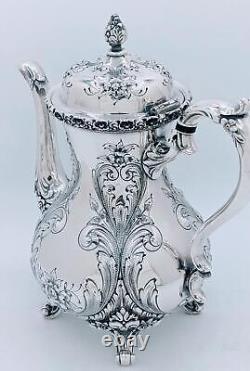 Antique St. James Repousse Hand Chased 3 Piece Tea Set Coffee Pot Creamer Sugar