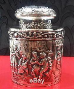 Antique Tea Caddy Repousse Silverplate Denmark Village Scenes Webster & Son NY