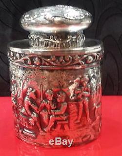Antique Tea Caddy Repousse Silverplate Denmark Village Scenes Webster & Son NY