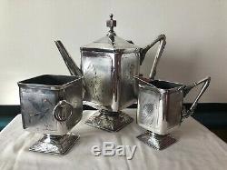 Antique Tea Coffee Pot Set Wilcox Quadruple Silver Plate Floral Design