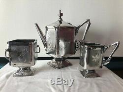 Antique Tea Coffee Pot Set Wilcox Quadruple Silver Plate Floral Design