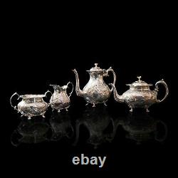 Antique Tea Service, English, Silver Plate, Hand Chased, Teapot, Jug, C. 1900