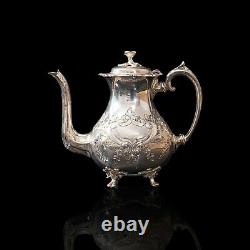 Antique Tea Service, English, Silver Plate, Hand Chased, Teapot, Jug, C. 1900