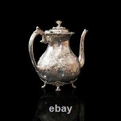 Antique Tea Service, English, Silver Plate, Hand Chased, Teapot, Jug, C. 1900