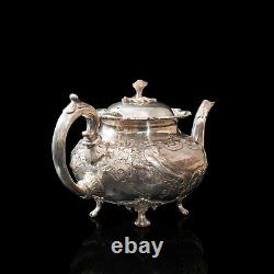 Antique Tea Service, English, Silver Plate, Hand Chased, Teapot, Jug, C. 1900