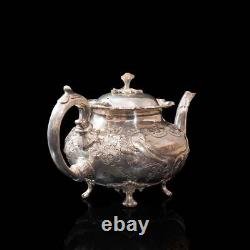 Antique Tea Service, English, Silver Plate, Hand Chased, Teapot, Jug, C. 1900