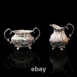 Antique Tea Service, English, Silver Plate, Hand Chased, Teapot, Jug, C. 1900