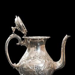 Antique Tea Service, English, Silver Plate, Hand Chased, Teapot, Jug, C. 1900