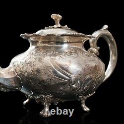 Antique Tea Service, English, Silver Plate, Hand Chased, Teapot, Jug, C. 1900