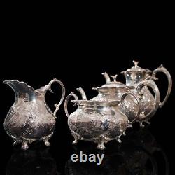 Antique Tea Service, English, Silver Plate, Hand Chased, Teapot, Jug, C. 1900
