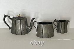 Antique Tea Set 3 Piece Pewter Silver Plate Engraved