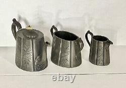 Antique Tea Set 3 Piece Pewter Silver Plate Engraved