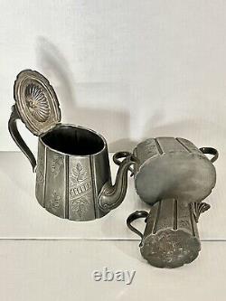 Antique Tea Set 3 Piece Pewter Silver Plate Engraved