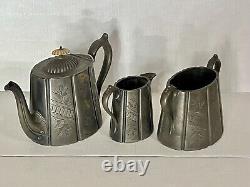 Antique Tea Set 3 Piece Pewter Silver Plate Engraved